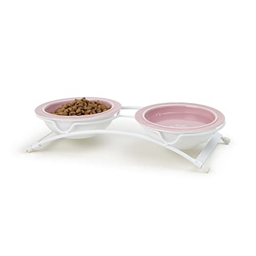  PetRageous 44355 Toftees Paws Diner With Two 1-Cup Dishwasher Safe Stoneware Bowl Capacity 10.75-Inch Length 2.25-Inch Tall For Extra Small And Small Dogs And Cats, White And Pink