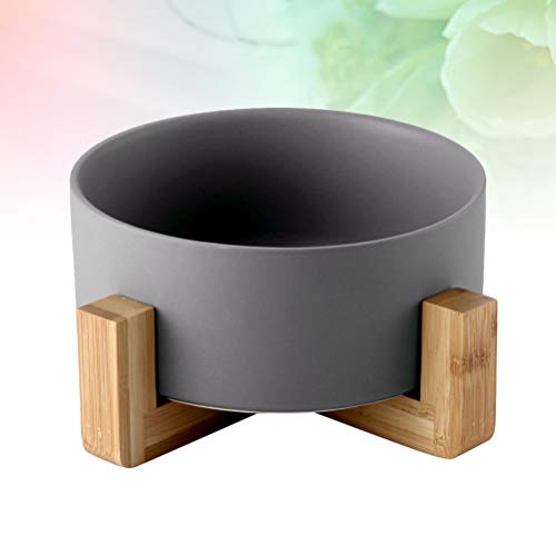  Pet Bowl Ceramics Food Feeding Bowl Pet Feeder Wood Frame Round Bowl Pet Supplies (Grey, Shelf+ Bowl)