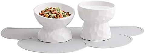  White Ceramic Cat Food And Water Bowl Set ,Cat Food Dish With Stand,Elevated Cat Bowls ,Raised Cat Food Bowls Anti Vomiting,Pet Bowl With Anti Slip Mat,Stress Free For Cats And Small Dogs