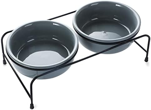  GDCZ Porcelain Raised Cat Or Small Dog Bowls With Heighten Metal Stand And Non-Slip Bottom For Pet Food And Water Dishes, 15 Ounces (Grey)