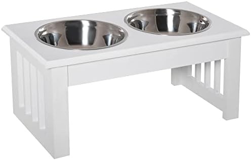  PawHut 17" Small Puppy Dog Feeding Station For Messy Pets, Stainless Steel Elevated Dog Bowls With Modern Wooden Frame, Dog Food Stand Pet Feeding Station, White