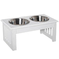 PawHut 17" Small Puppy Dog Feeding Station For Messy Pets, Stainless Steel Elevated Dog Bowls With Modern Wooden Frame, Dog Food Stand Pet Feeding Station, White