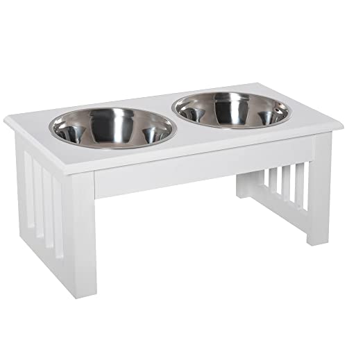  PawHut 17" Small Puppy Dog Feeding Station For Messy Pets, Stainless Steel Elevated Dog Bowls With Modern Wooden Frame, Dog Food Stand Pet Feeding Station, White