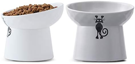  Tilted Ceramic Raised Cat Bowls, 8 OZ Food And Water Bowls Set For Kitty, 5 In Porcelain Elevated Stress Free Feeding Pet Dish, Dishwasher And Microwave Safe (White & Pink)