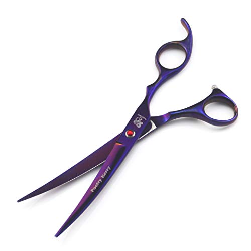  Purple Pet Cat Dog Grooming Scissors Set 5 Pieces Stainless Steel Professional Pet Trimmer Kit - 7.0 Inch Straight Cutting Scissors, Thinning Shears, Curved Scissors, Grooming Combs