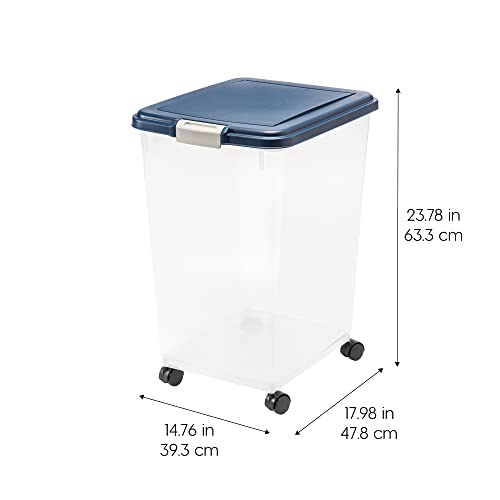  IRIS USA 50Lbs./69Qt. WeatherPro Airtight Pet Food Storage Container With Attachable Casters, For Dog Cat Bird And Other Pet Food Storage Bin, Keep Fresh, Translucent Body, Easy Mobility, Navy