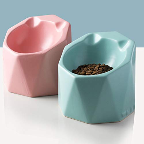  Balacoo Pet Ceramic Bowl Geometric Hexagon Bowl Feeder Food Dish For Dog Cat Puppy Or Kitten (Blue)