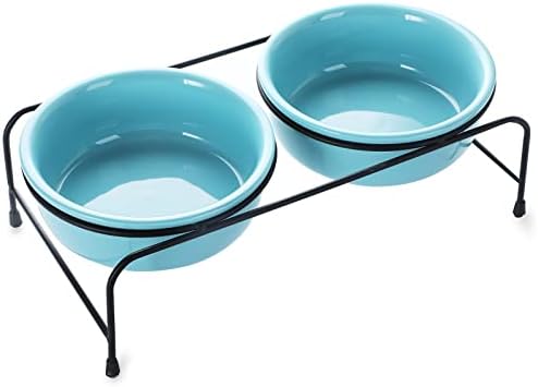  GDCZ Porcelain Raised Cat Or Small Dog Bowls With Heighten Metal Stand And Non-Slip Bottom For Pet Food And Water Dishes, 15 Ounces (Grey)