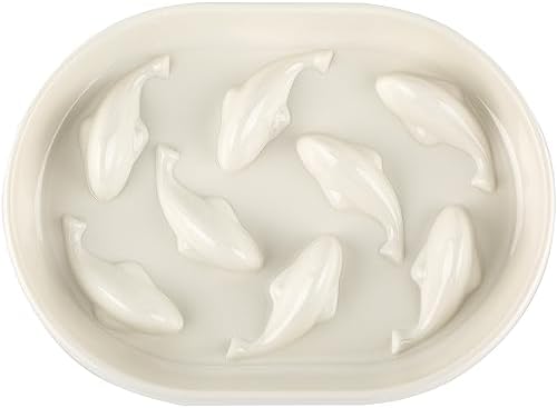  Gonalulu Slow Feed Dish For Cats And Small Dogs, Fish Pool Design Pet Slow Feeder With Higher Edges, Fun Interactive Cat Puzzle Feeder Healthy Eating Diet Made Of Safe And Quality Material(White+Oval)