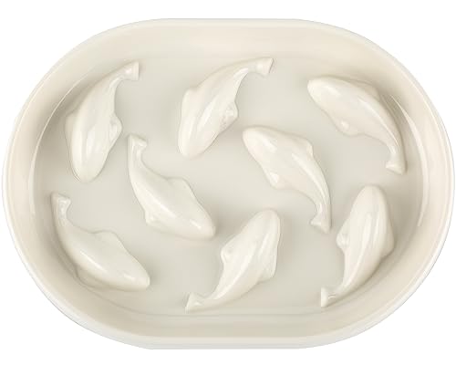  Gonalulu Slow Feed Dish For Cats And Small Dogs, Fish Pool Design Pet Slow Feeder With Higher Edges, Fun Interactive Cat Puzzle Feeder Healthy Eating Diet Made Of Safe And Quality Material(White+Oval)