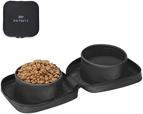  PETSFIT Collapsible Dog Bowls, 2 In 1 Portable Dog Bowl, Upgrade PVC Travel Water Bowl For Dogs Walking Parking Traveling With Carabiner (Double, Grey)