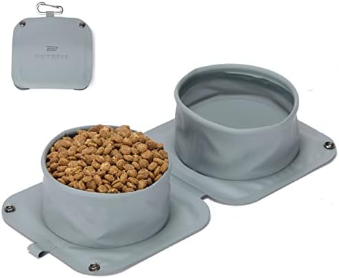  PETSFIT Collapsible Dog Bowls, 2 In 1 Portable Dog Bowl, Upgrade PVC Travel Water Bowl For Dogs Walking Parking Traveling With Carabiner (Double, Grey)
