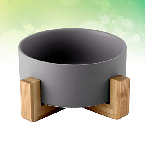  Pet Bowl Ceramics Food Feeding Bowl Pet Feeder Wood Frame Round Bowl Pet Supplies (Grey, Shelf+ Bowl)