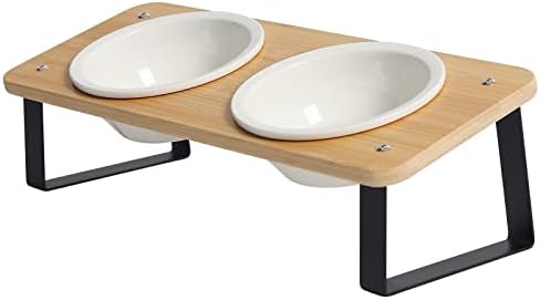  Elevated Cat Food Bowl, Ceramic Cat Bowls With Stand 15° Tilted Raised Cat Bowl For Food And Water Bamboo Cat Feeding Station Elevated Cat Bowl With 5.1 Inch Diameter For Cats And Puppy (Ceramic Bowl)