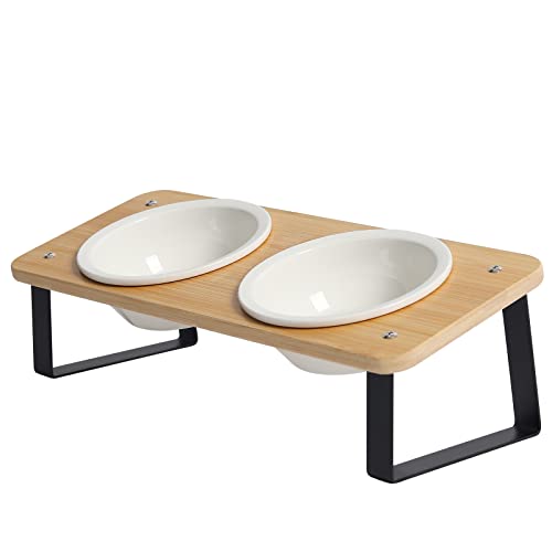  Elevated Cat Food Bowl, Ceramic Cat Bowls With Stand 15° Tilted Raised Cat Bowl For Food And Water Bamboo Cat Feeding Station Elevated Cat Bowl With 5.1 Inch Diameter For Cats And Puppy (Ceramic Bowl)