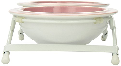  PetRageous 44355 Toftees Paws Diner With Two 1-Cup Dishwasher Safe Stoneware Bowl Capacity 10.75-Inch Length 2.25-Inch Tall For Extra Small And Small Dogs And Cats, White And Pink