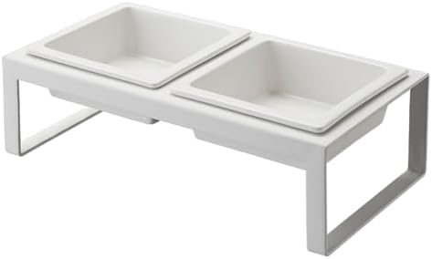  Yamazaki Home Tower Steel And Ceramic Pet Food Stand | 2 Bowls For Food And Water | Feeder For Small Cats And Dogs | Non-Slip - Tall - 1.25 Cups, 300 Milliliters Per Bowl