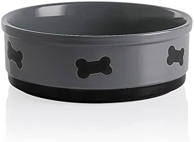  Sweejar Ceramic Dog Bowls With Bone Pattern, Dog Food Dish For Small Dogs, Porcelain Pet Bowl For Water 16 Fl Oz (Gray)