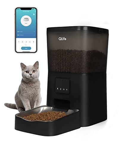  QLIFE Automatic Cat Dog Feeder: Dry Food Dispenser For Dog, Auto Pet Feeder, Portion Control Automatic Dog Feeder (Black WiFi, 4L)