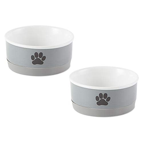 Bone Dry Ceramic Pet Bowls, Microwave & Dishwasher Safe Non-Slip Bottom For Secure Feeding With Less Mess, Small Bowl Set, 4.25x2, Gray/Black, 2 Count