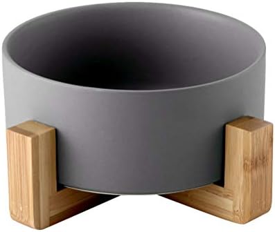  Pet Bowl Ceramics Food Feeding Bowl Pet Feeder Wood Frame Round Bowl Pet Supplies (Grey, Shelf+ Bowl)