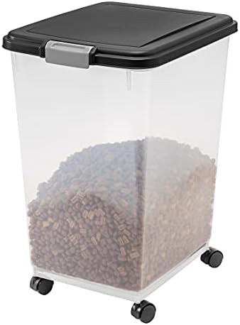  IRIS USA 50Lbs./69Qt. WeatherPro Airtight Pet Food Storage Container With Attachable Casters, For Dog Cat Bird And Other Pet Food Storage Bin, Keep Fresh, Translucent Body, Easy Mobility, Navy