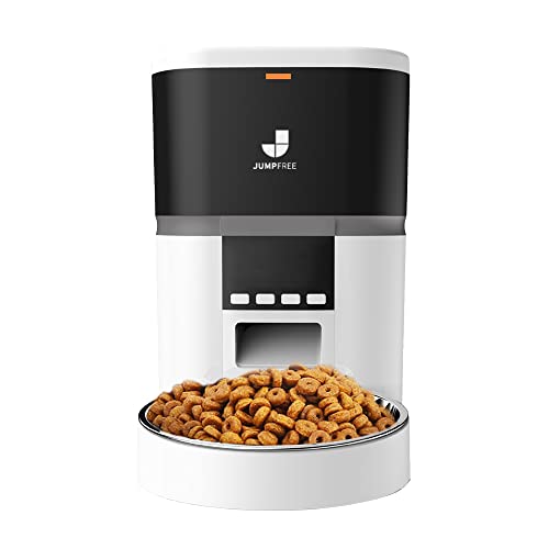  JUMPFREE Automatic Cat Feeder, 6L White Button Enabled Smart Dry Food Dispenser With Stainless Bowls, Detachable Pet Feeder For Cleaning, For Cats,Large Dogs,Multiple Pets(25 Cup/6L)