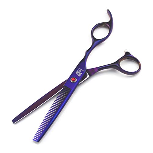  Purple Pet Cat Dog Grooming Scissors Set 5 Pieces Stainless Steel Professional Pet Trimmer Kit - 7.0 Inch Straight Cutting Scissors, Thinning Shears, Curved Scissors, Grooming Combs