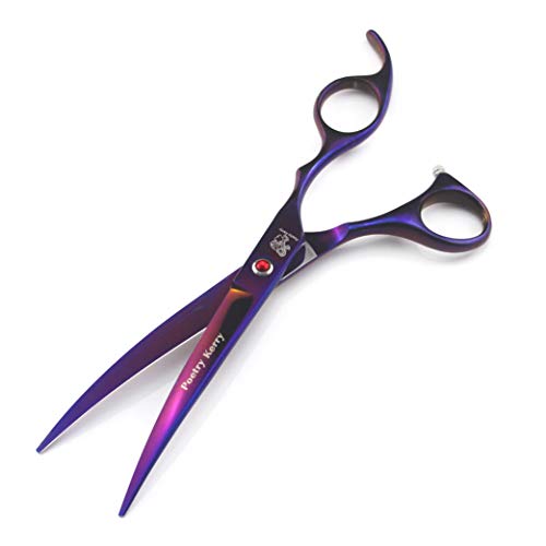  Purple Pet Cat Dog Grooming Scissors Set 5 Pieces Stainless Steel Professional Pet Trimmer Kit - 7.0 Inch Straight Cutting Scissors, Thinning Shears, Curved Scissors, Grooming Combs