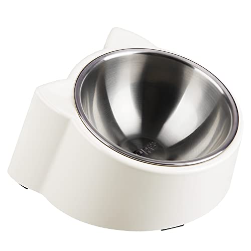  CATPRO Tilted Cat Food Bowls,15°Slanted Cat Feeder Bowl Orthopedic Cat Bowl Anti-Vomiting Spill Proof Raised Cat Food Bowl Stainless Steel Tilted Angled Cat Food Bowls White