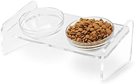  Dog And Cat Bowls Elevated Set,15°Tilted Acrylic Clear Pet Feeder Stand With 2 Glass Bowls And 2 Stainless Steel Bowls Raised Food Water Bowls Holder Perfect For Small Pets