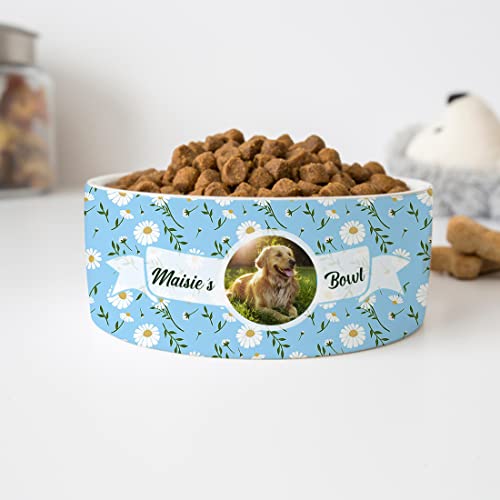 GENERIC Personalized Pet's Photo Bowl, LightBlue Daisy Pattern Bowl, Dog Name Bowl, Cat Name Bowl, Gift For Pets, Ceramic Pet Bowl, Available In 2 Sizes