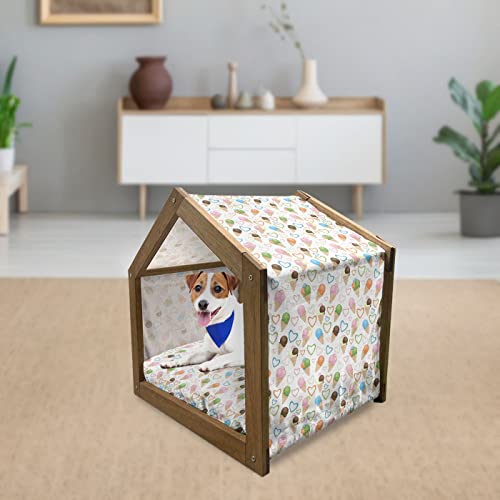  Lunarable Ice Cream Wooden Pet House, Refreshing Summer Food With 3 Different Scoops And Colorful Hearts, Outdoor & Indoor Portable Dog Kennel With Pillow And Cover, Large, Multicolor