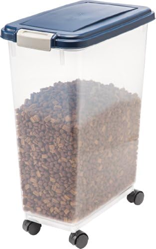  IRIS USA 50Lbs./69Qt. WeatherPro Airtight Pet Food Storage Container With Attachable Casters, For Dog Cat Bird And Other Pet Food Storage Bin, Keep Fresh, Translucent Body, Easy Mobility, Navy