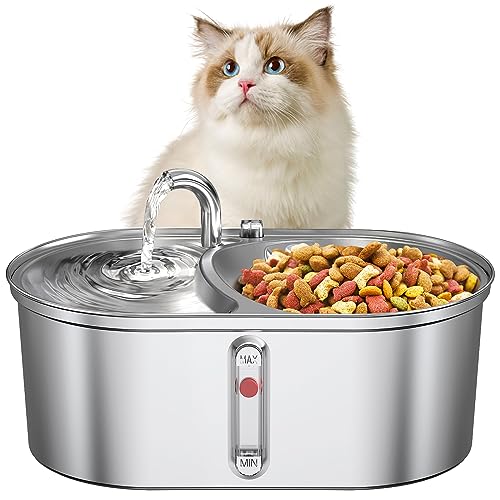  Cat Water Fountain And Food Bowl, 101oz/3L Automatic Stainless Steel Pet Water Fountain For Cats Inside, Ultra Quiet Cat Fountain Water Bowl, Pet Dog Water Dispenser With Water Level Window