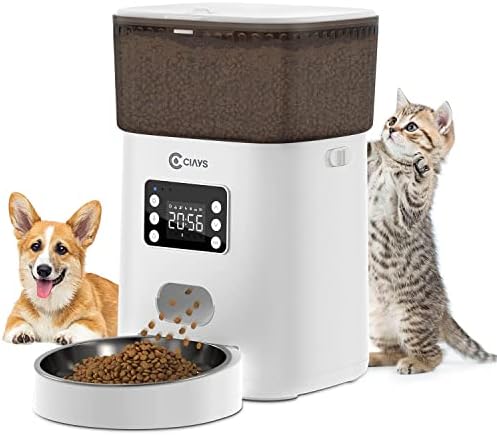  Ciays Automatic Cat Feeders, 4L Cat Food Dispenser Up To 20, 6 Meals Per Day, Pet Dry Food Dispenser For Small Medium Cats Dogs, Dual Power Supply & Voice Recorder, White
