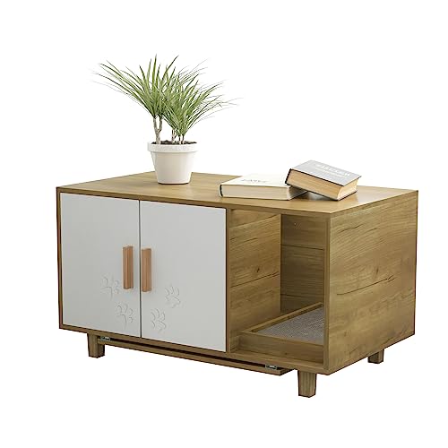  FEELLE Cat Litter Box Enclosure Houses With Food Bowls And Scratch Pad For Indoor Cats, Cat Washroom Hidden Litter Box Furniture Cabinet, Modern Cat Home, Table Nightstand Pet House