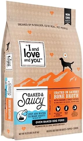  "I And Love And You" Baked And Saucy Dry Dog Food With Gravy Coating, Chicken And Sweet Potato Recipe, Grain Free, Coated In Bone Broth, Prebiotics And Probiotics, Real Meat, No Fillers, 4 Lb Bag