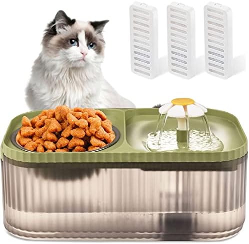  KHONSU PET Cat Water Fountain, Pet Food Bowl, Super Quiet Automatic Water Fountain, 3L/101ozAutomatic Flower Fountain & Stainless Steel Bowl With Smart Pump And 3 Replacement Filters, (Green)