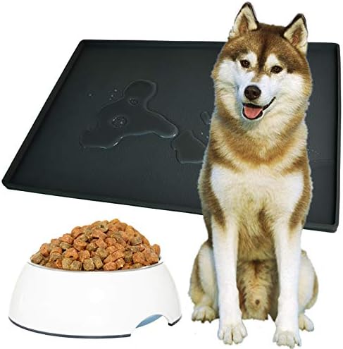  Gosmol Dog Food Mat 24 X 16 Inch, 0.5 Inch Raised Edge Waterproof Pet Dog Food Tray, Washable Dog Bowl Mat, Nonslip Pet Dog Feeding Mat, Silicone Dog Placemat For Floors