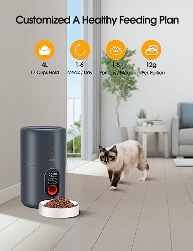  WOPET Automatic Cat Feeders, Automatic Dog Feeder With 10S Voice Recorder Automatic Cat Food Dispenser With Stainless Steel Bowl For Dog And Cat (Grey-White)