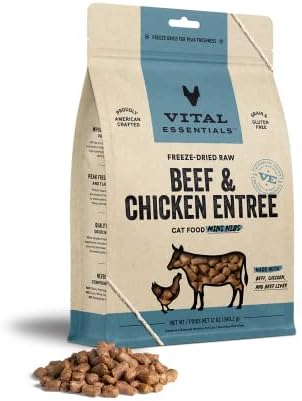  Vital Essentials Freeze Dried Cat Food, Beef & Chicken Mini Nibs 8 Oz