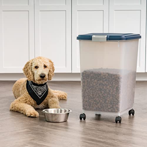  IRIS USA 50Lbs./69Qt. WeatherPro Airtight Pet Food Storage Container With Attachable Casters, For Dog Cat Bird And Other Pet Food Storage Bin, Keep Fresh, Translucent Body, Easy Mobility, Navy
