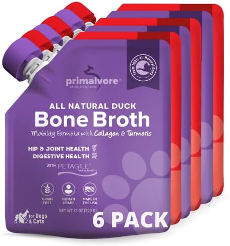  Primalvore All-Natural Duck Bone Broth For Dogs&Cats, Mobility Formula W/Collagen Peptides Supports Hip & Joints, Digestion, Skin&Coat And Hydration, Grain Free, Human Grade, Made In USA. Duck 2 Pack