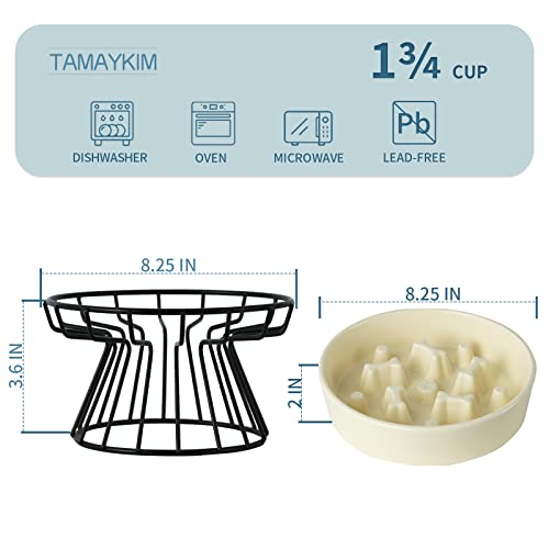  8.25'' Ceramic Slow Dog Bowl With Elevated Metal Stand, 1.75 Cups Non-Slip Puzzle Raised Dog Bowl Feeder, Slow Down Eating Anti-Choking Food Bowl Dish For Small And Medium & Large Dogs - Beige Color