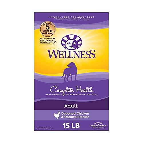  Wellness Complete Health Dry Dog Food With Grains, Natural Ingredients, Made In USA With Real Meat, All Breeds, For Adult Dogs (Chicken & Oatmeal, 15-Pound Bag)