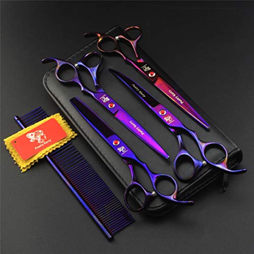  Purple Pet Cat Dog Grooming Scissors Set 5 Pieces Stainless Steel Professional Pet Trimmer Kit - 7.0 Inch Straight Cutting Scissors, Thinning Shears, Curved Scissors, Grooming Combs