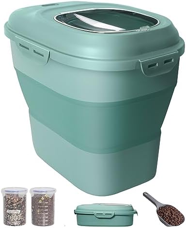  DDMOMMY 30-35 Lbs Dog Food Storage Container Collapsible Dog Food Container With Airtight Lids, Wheels, Scoop And 2pcs Food Storage Containers, Large Pet Food Storage For Dog, Cat (Green)