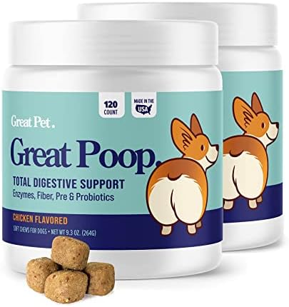  Great Poop Probiotics For Dogs - A Fiber For Dogs Supplement With Dog Probiotics And Digestive Enzymes For A Healthy Gut, Firm Stool & Diarrhea Relief - Chicken Flavored Pet Soft Chews With Prebiotics