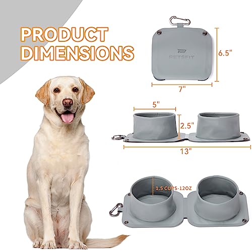  PETSFIT Collapsible Dog Bowls, 2 In 1 Portable Dog Bowl, Upgrade PVC Travel Water Bowl For Dogs Walking Parking Traveling With Carabiner (Double, Grey)